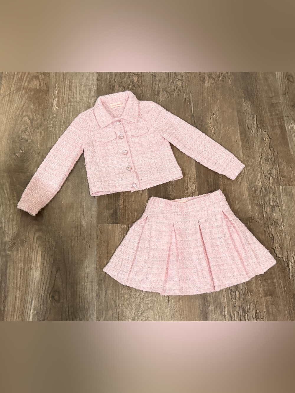 Young Hearts Girls Pink Tweed Jacket & Pleated Skirt Matching Set